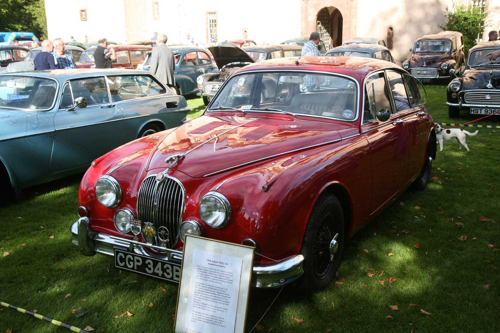 A dark red Jaguar Mk2 3.8 saloon at a classic car show, front three-quarter view