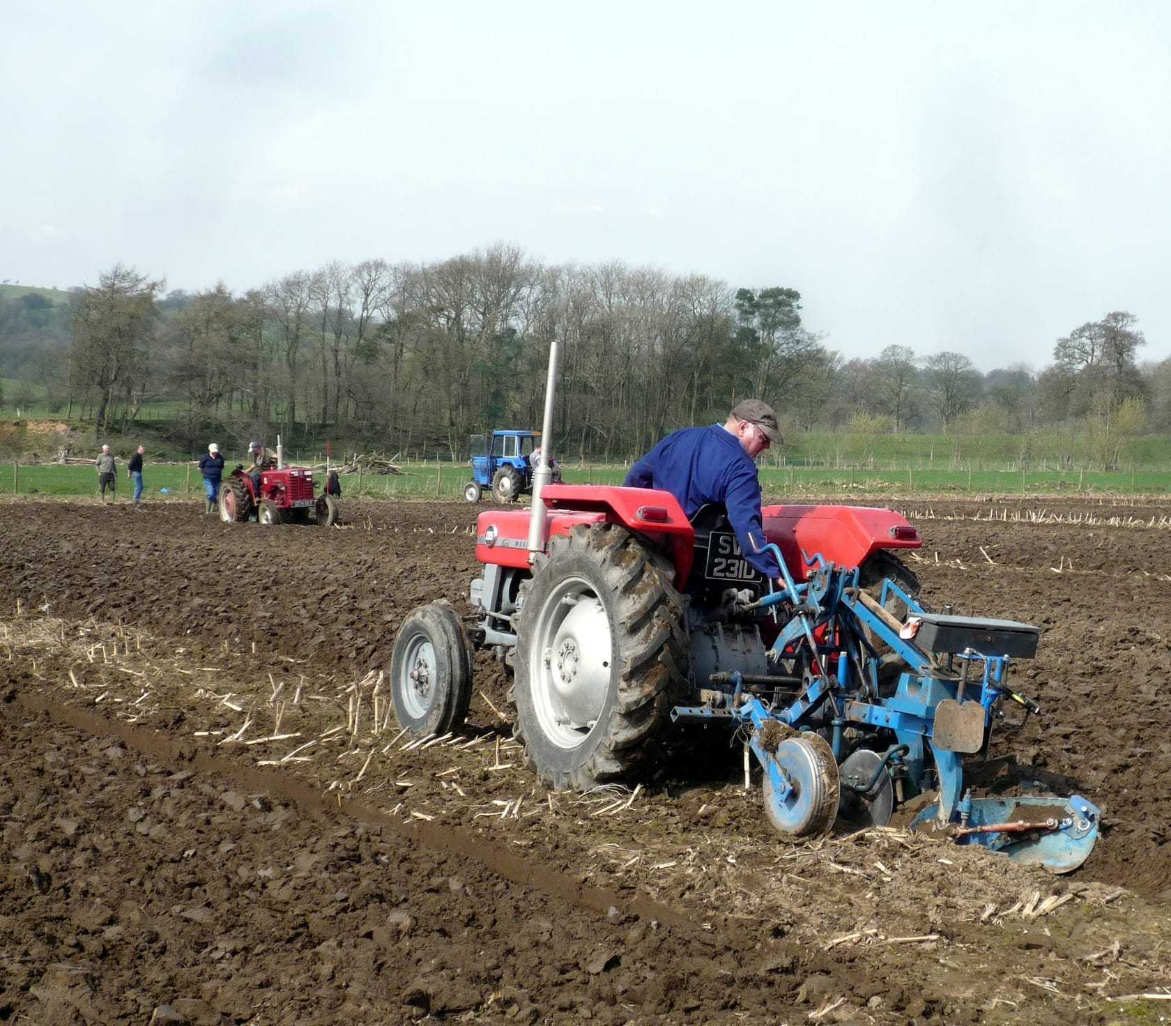 A red Massey Ferguson 135 ploughing a field at a ploughing match, seen from behind with a mounted plough, other classic tractors working in the distance