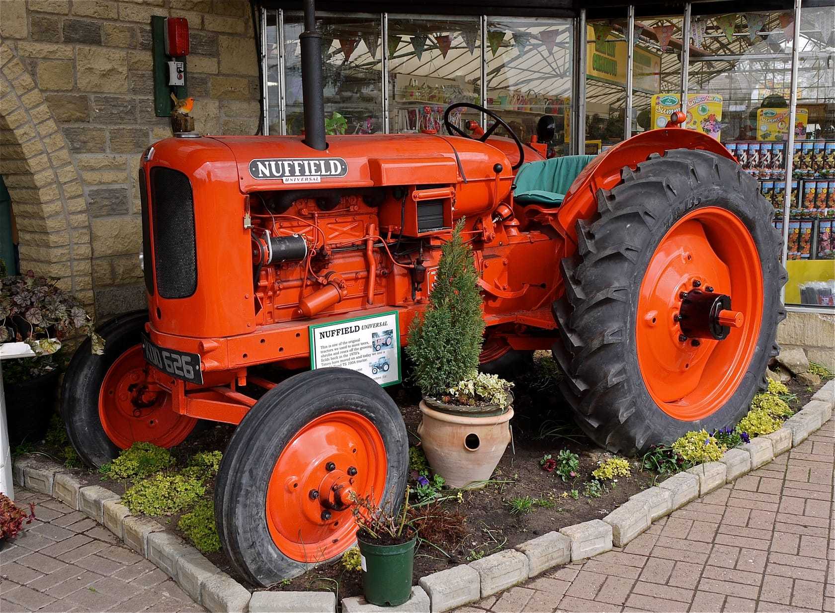 An immaculately restored orange Nuffield Universal tractor on display outside a garden centre