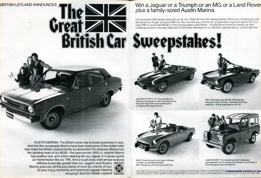 A 1974 British Leyland press advertisement headed 'The Great British Car Sweepstakes', showing an Austin Marina saloon alongside a Jaguar E-Type V12, a Triumph TR6, an MGB and a Land Rover