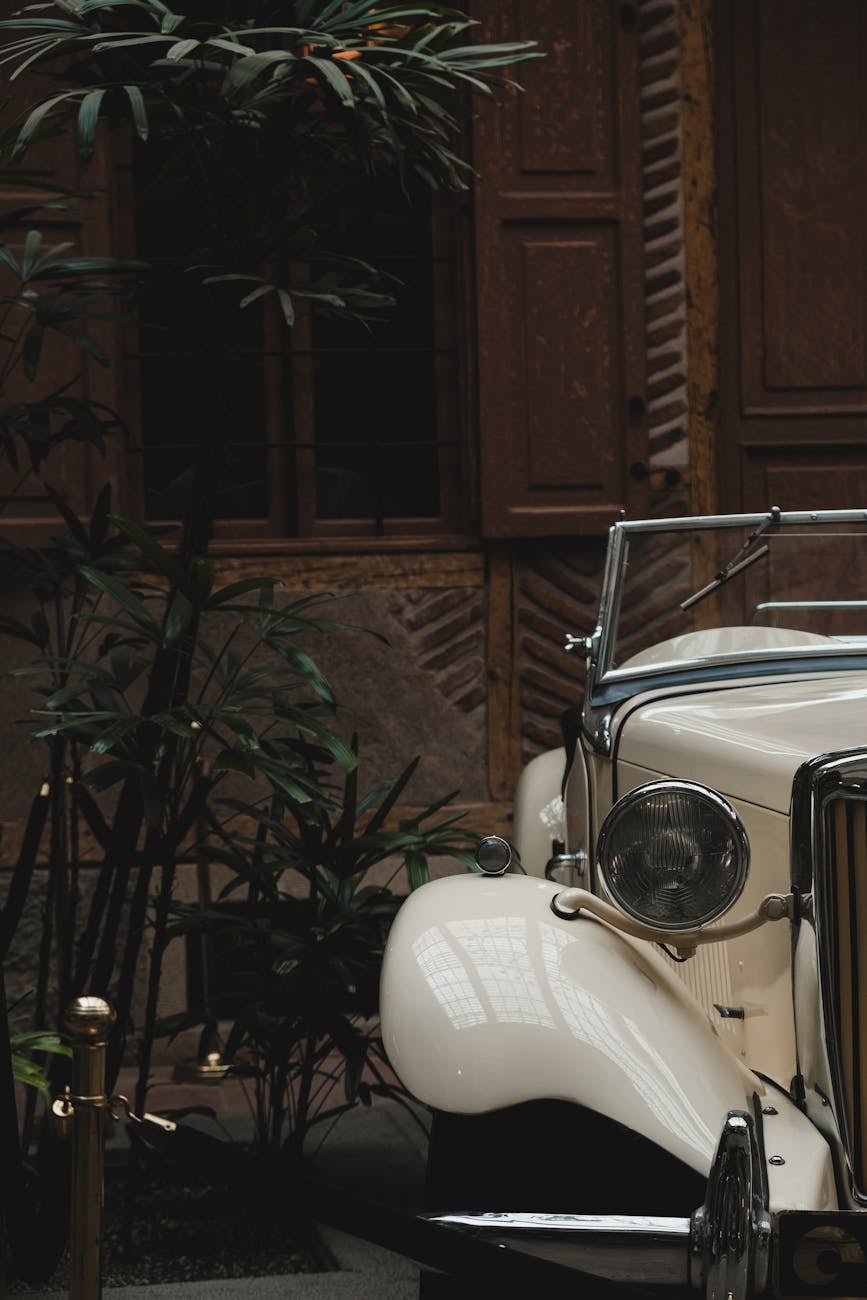 A white MG TD displayed indoors, front three-quarter view