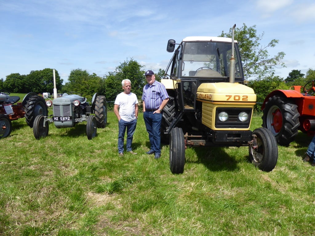A yellow-and-cream Leyland 702 tractor with a cab at a show, a grey Ferguson and other classics alongside
