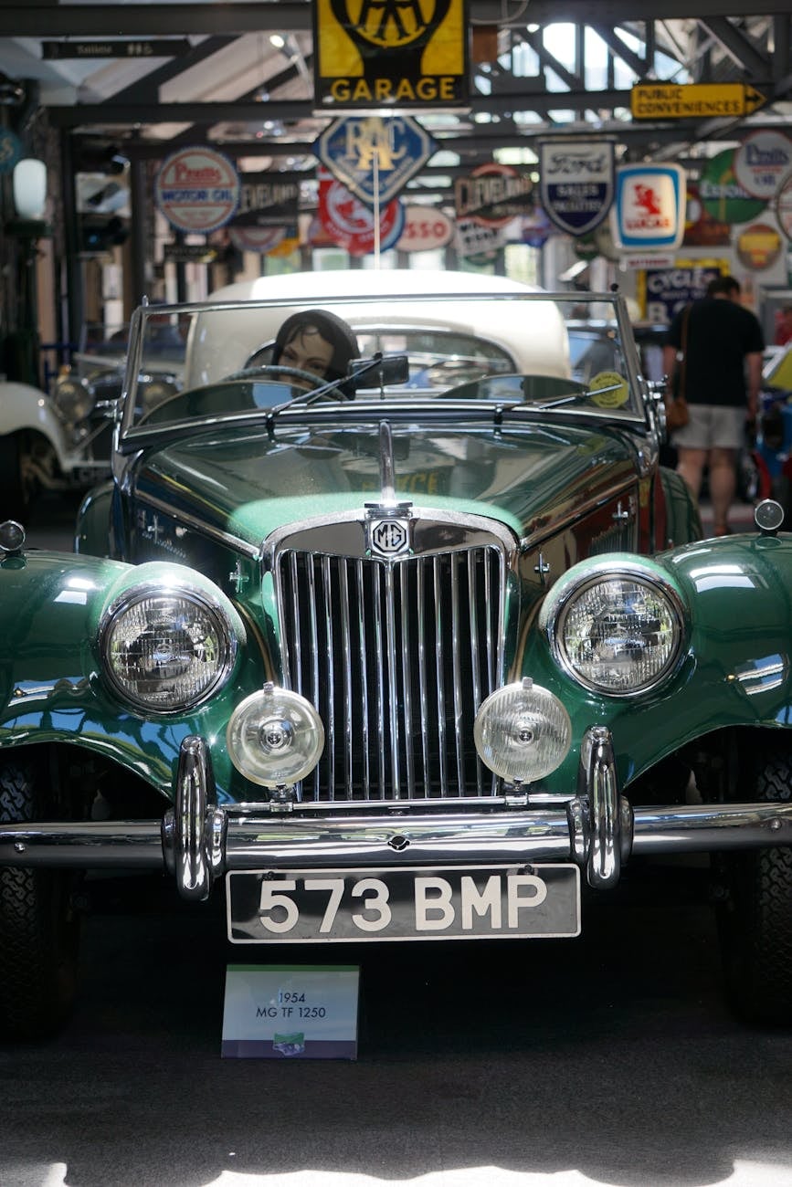A green MG TF of 1953 on display, front view