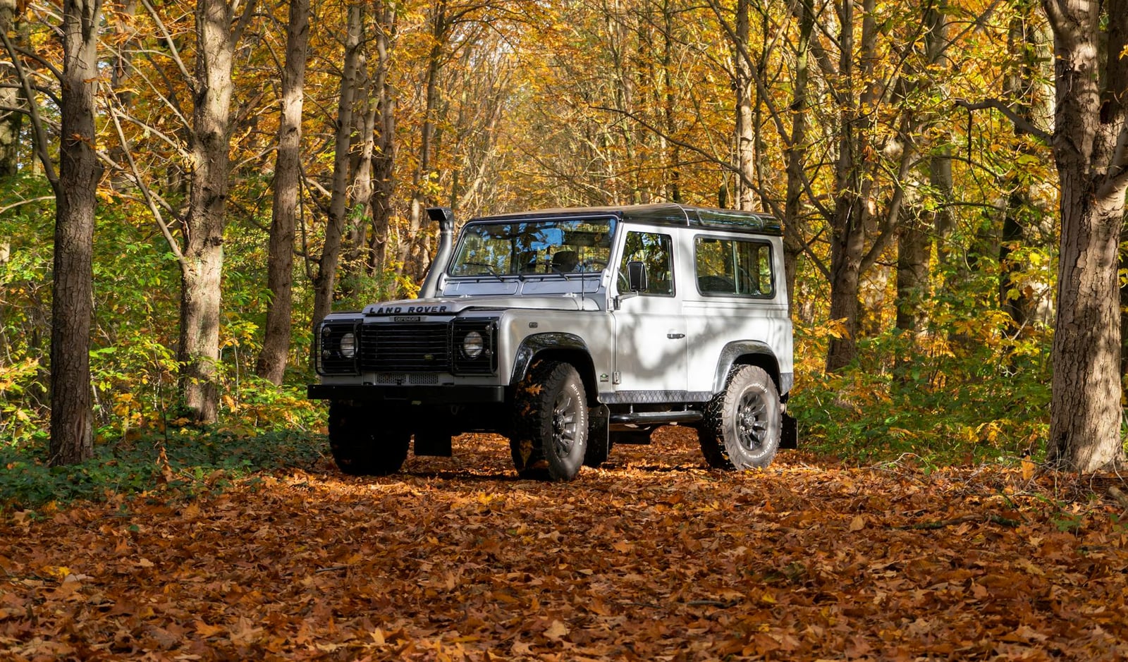 A silver Land Rover Defender parked on a leaf-strewn track in an autumn forest