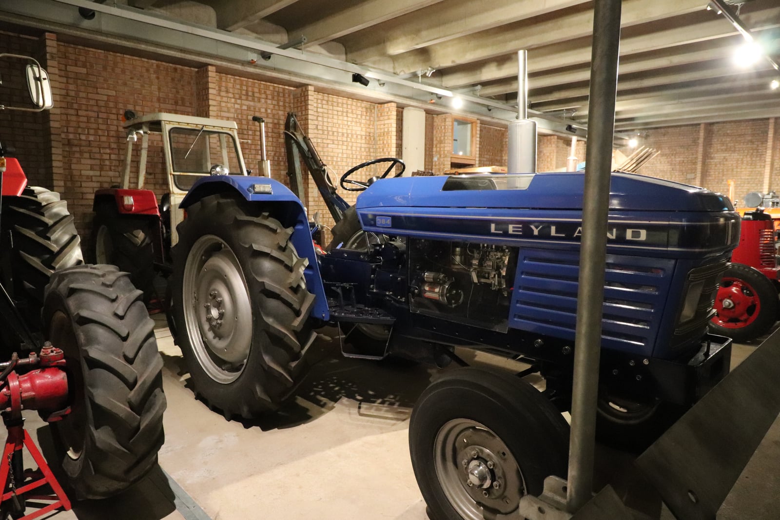 A brightly restored blue Leyland tractor on display indoors in a collection, its paint vivid under the lights