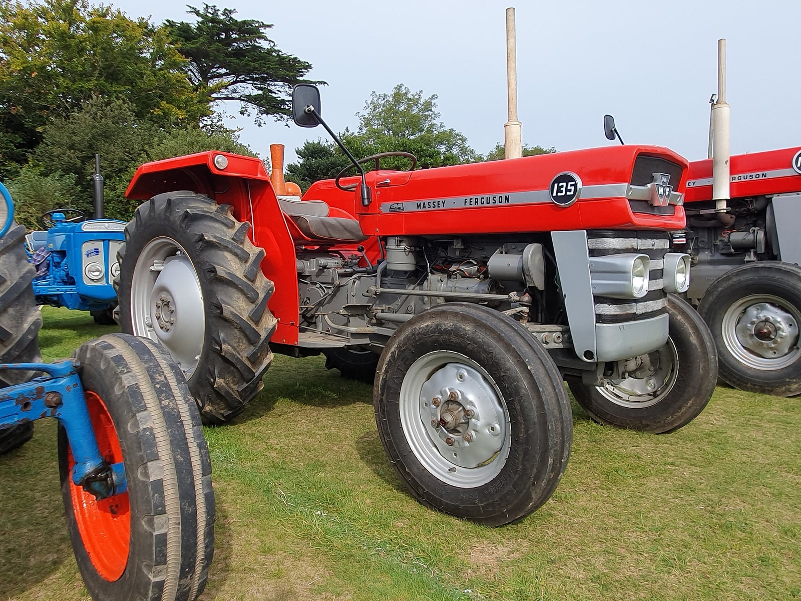 A red Massey Ferguson 135 on grass at a Cornish vintage rally, blue Fordson tractors lined up alongside