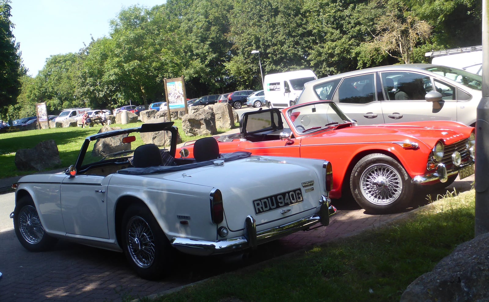 A white Triumph TR5 parked beside a red Triumph in a show car park